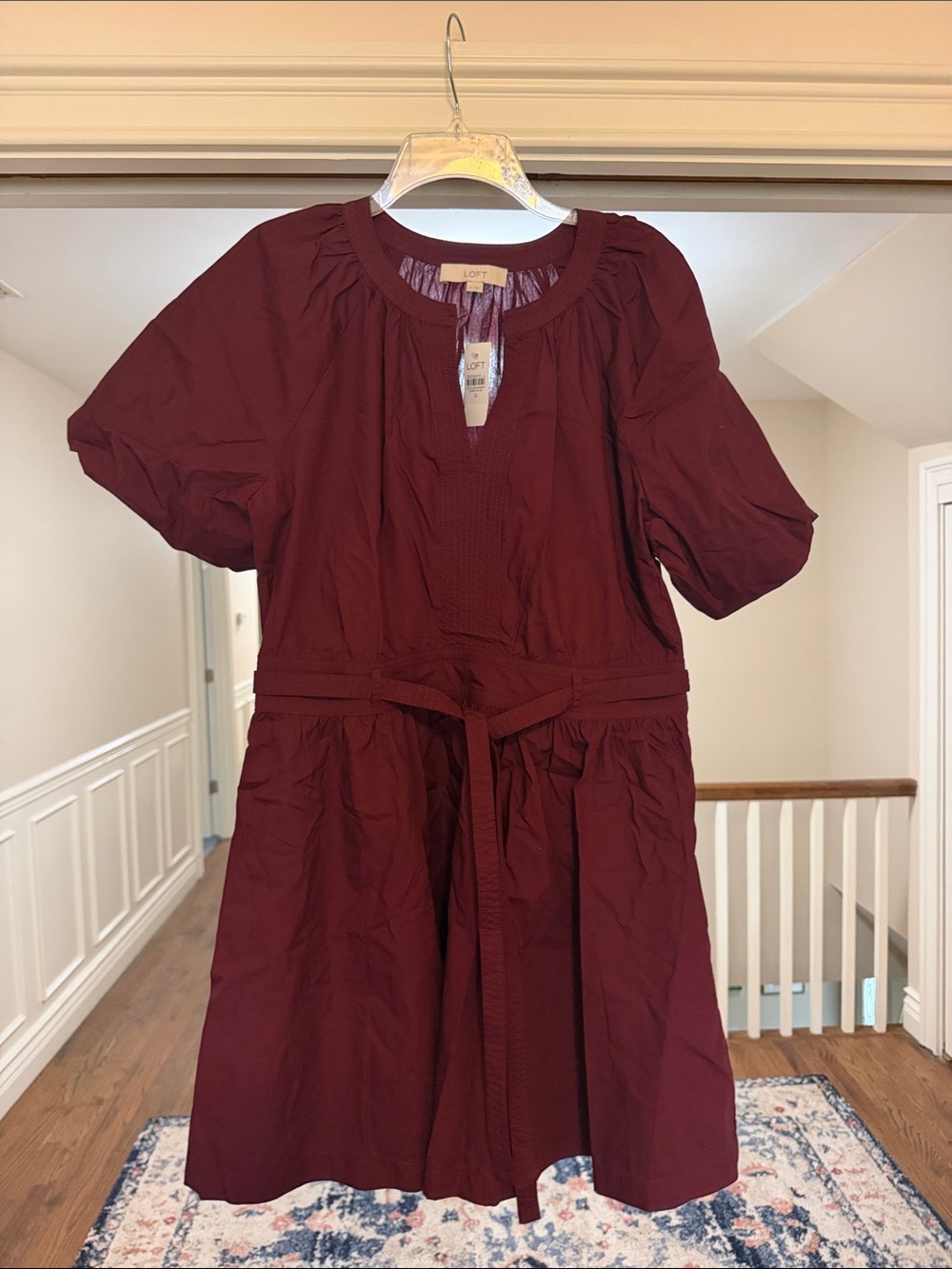 LOFT Wine-Red Short Sleeve Tie-Waist Dress